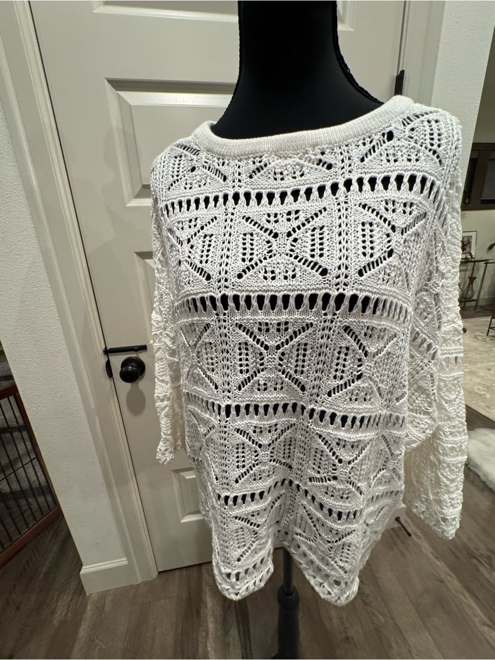Women's White Crochet Openwork Knit Pullover Sweater